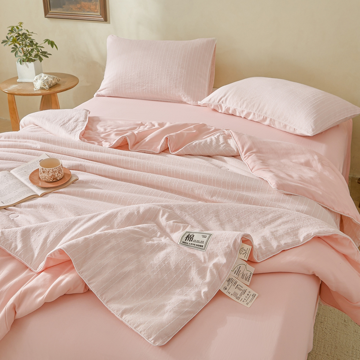 91家纺网 家纺一手货源 找家纺 晓时候 2026新款色织水洗棉麻100%新疆棉花被夏被全棉被子夏凉被空调被 香妃粉