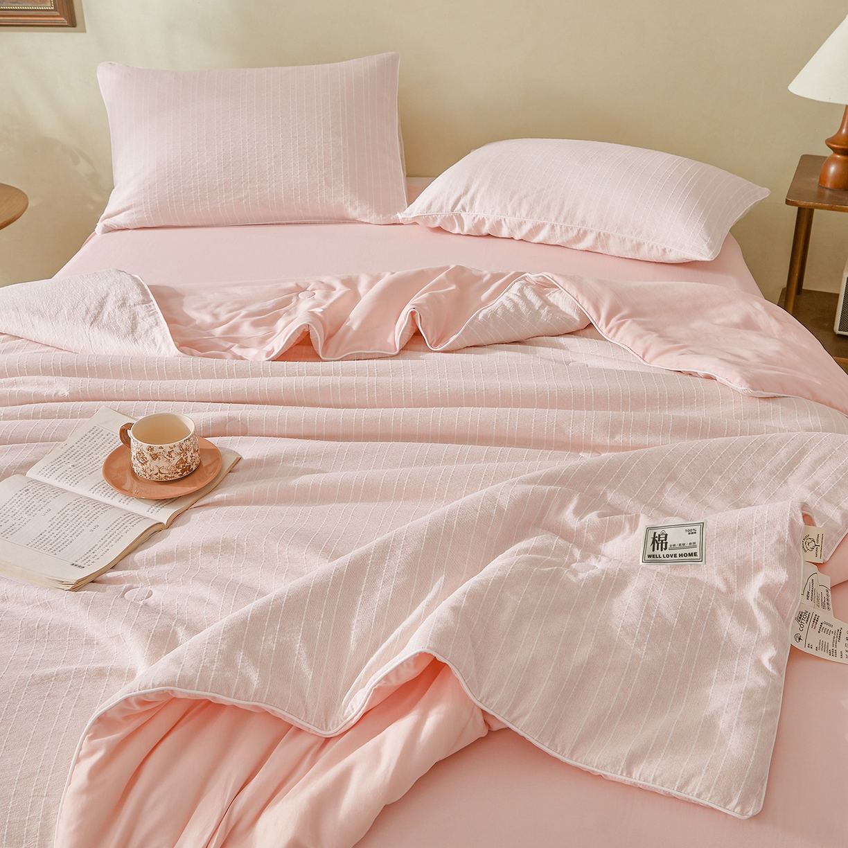 91家纺网 家纺一手货源 找家纺 晓时候 2026新款色织水洗棉麻100%新疆棉花被夏被全棉被子夏凉被空调被 香妃粉