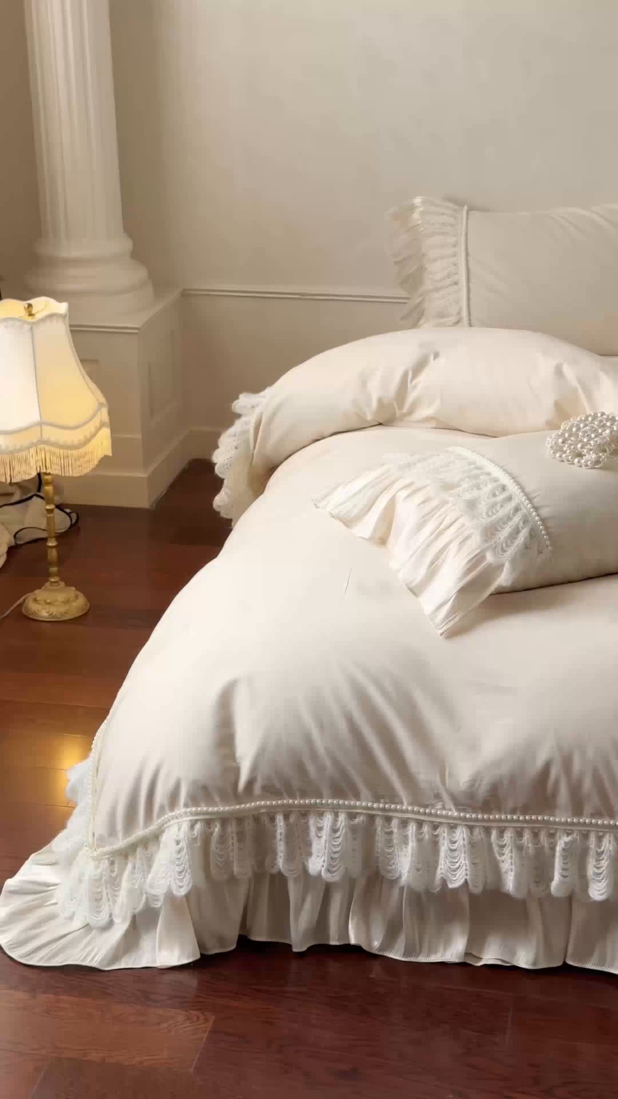 91家纺网 家纺一手货源 找家纺 （总）惯盈家纺 2026新款法式公主风珍珠蕾丝斜纹全棉四件套-Lucy露西（含买家秀）