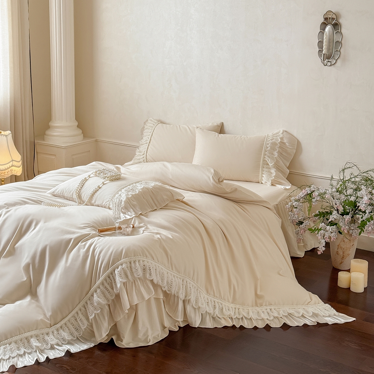 91家纺网 家纺一手货源 找家纺 （总）惯盈家纺 2026新款法式公主风珍珠蕾丝斜纹全棉四件套-Lucy露西（含买家秀）,奶灰,浅紫