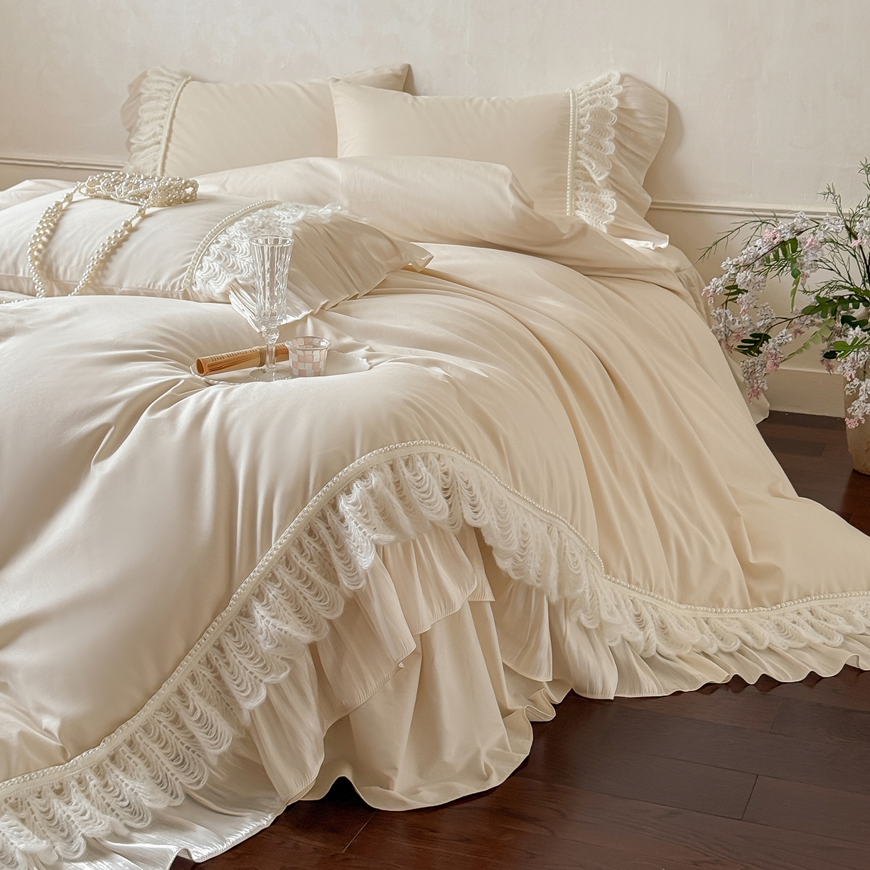 91家纺网 家纺一手货源 找家纺 （总）惯盈家纺 2026新款法式公主风珍珠蕾丝斜纹全棉四件套-Lucy露西（含买家秀）