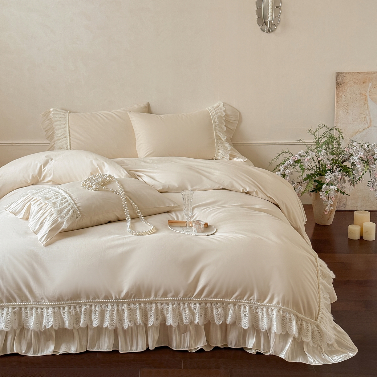 91家纺网 家纺一手货源 找家纺 （总）惯盈家纺 2026新款法式公主风珍珠蕾丝斜纹全棉四件套-Lucy露西（含买家秀）