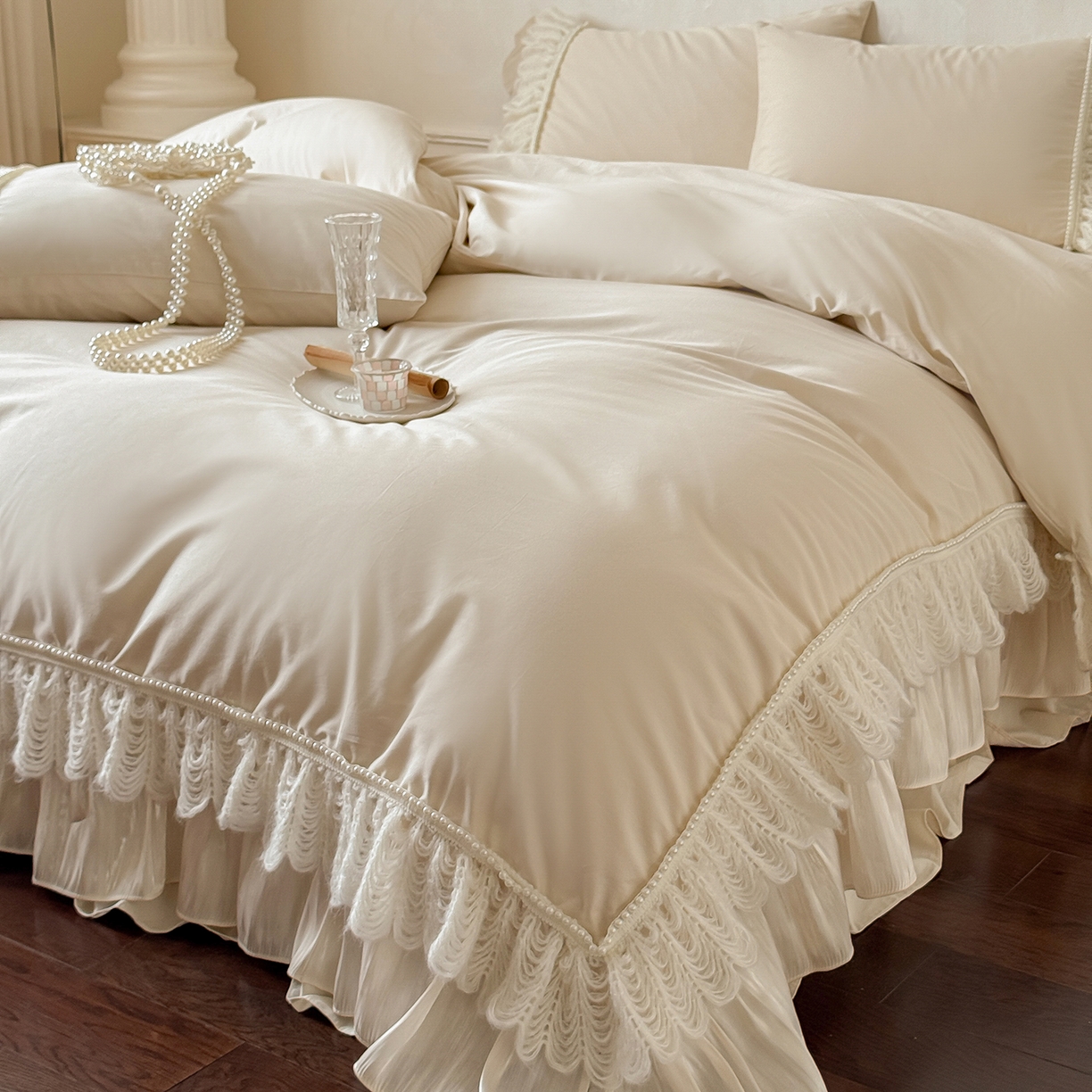 91家纺网 家纺一手货源 找家纺 （总）惯盈家纺 2026新款法式公主风珍珠蕾丝斜纹全棉四件套-Lucy露西（含买家秀）