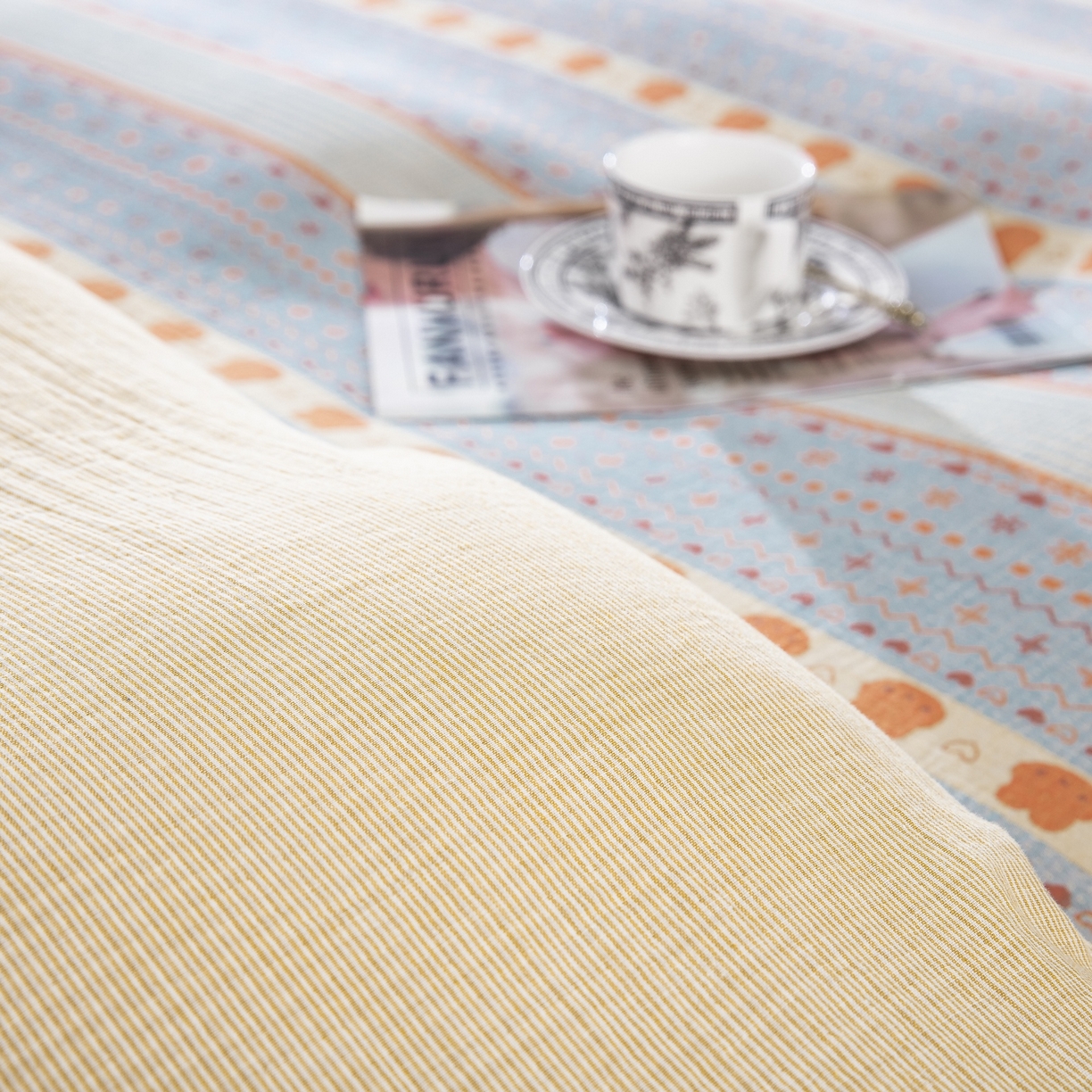 91家纺网 家纺一手货源 找家纺 （总）仰望棉麻双层纱供应链 2026新款全棉色织提花双层纱四件套-奶糖兔