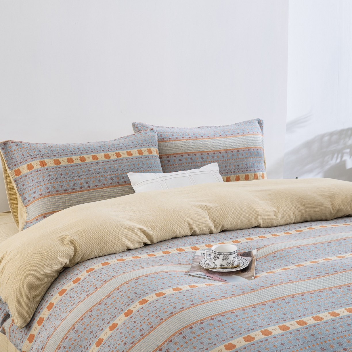 91家纺网 家纺一手货源 找家纺 （总）仰望棉麻双层纱供应链 2026新款全棉色织提花双层纱四件套-奶糖兔