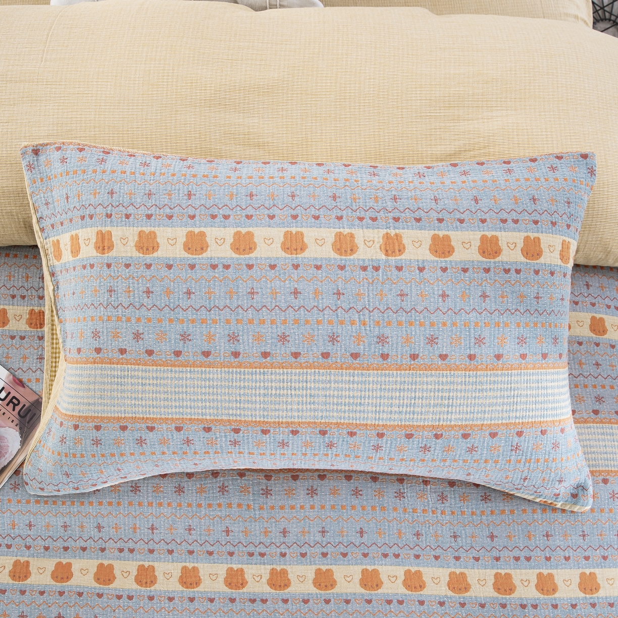 91家纺网 家纺一手货源 找家纺 （总）仰望棉麻双层纱供应链 2026新款全棉色织提花双层纱四件套-奶糖兔