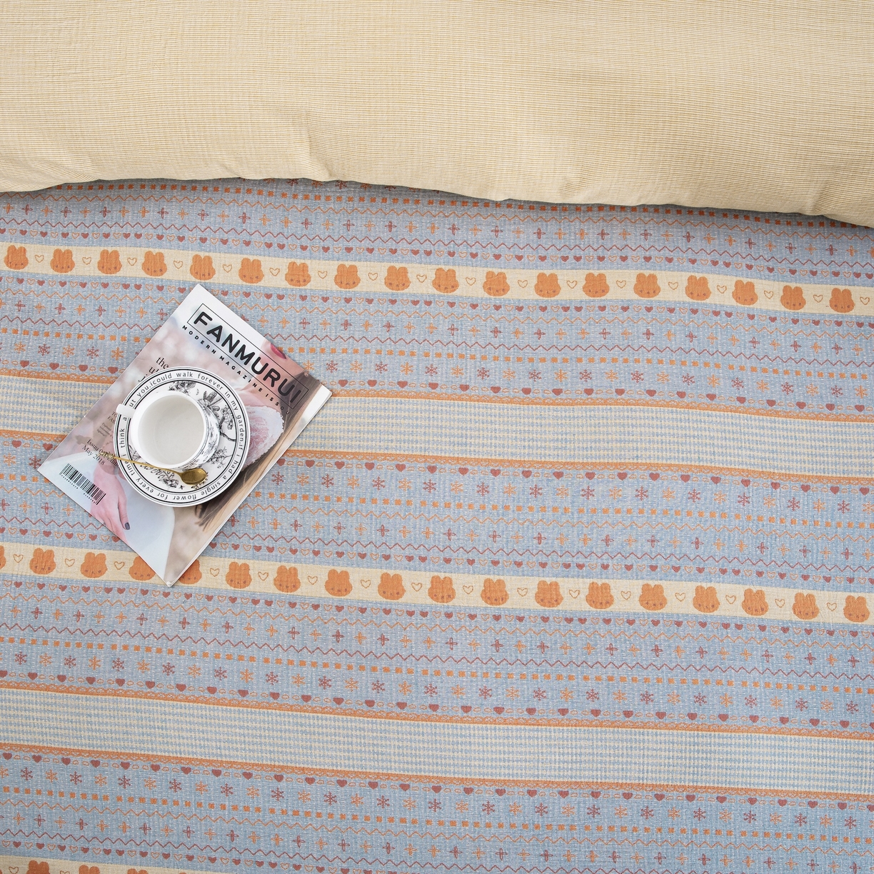 91家纺网 家纺一手货源 找家纺 （总）仰望棉麻双层纱供应链 2026新款全棉色织提花双层纱四件套-奶糖兔