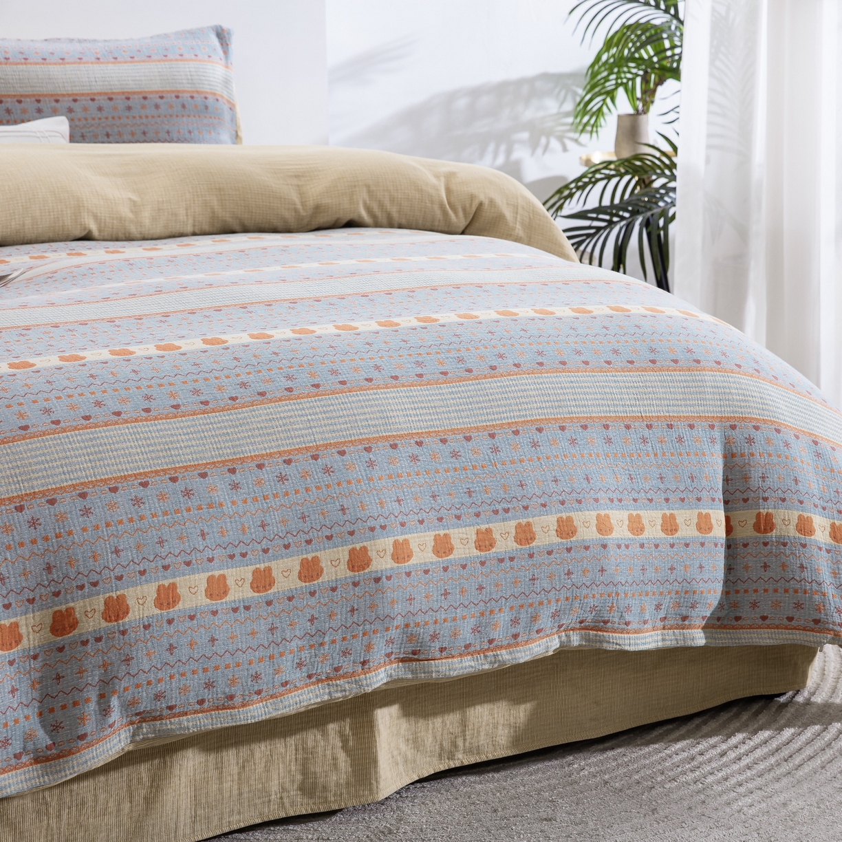 91家纺网 家纺一手货源 找家纺 （总）仰望棉麻双层纱供应链 2026新款全棉色织提花双层纱四件套-奶糖兔