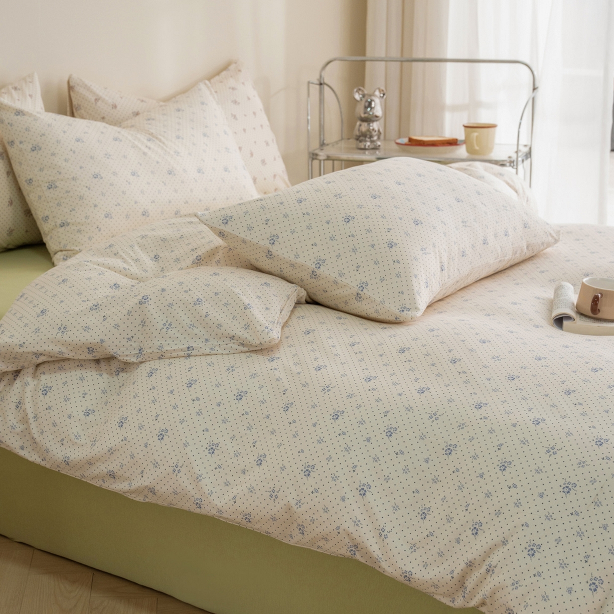 梦可莱家居 2026春夏新款全棉纯棉针织棉印花小清新可爱Ins风四件套 波点蓝花