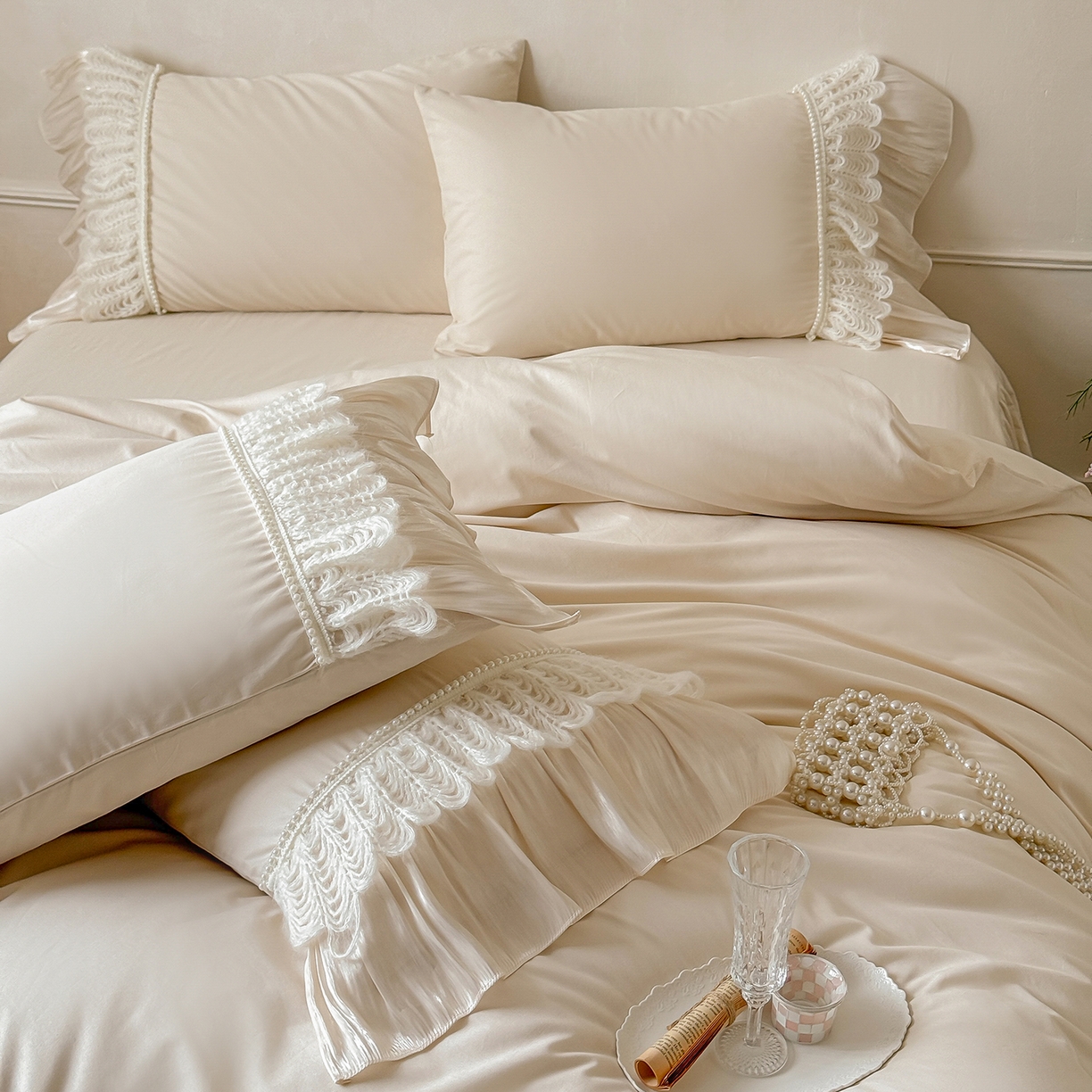 91家纺网 家纺一手货源 找家纺 （总）惯盈家纺 2026新款法式公主风珍珠蕾丝斜纹全棉四件套-Lucy露西（含买家秀）