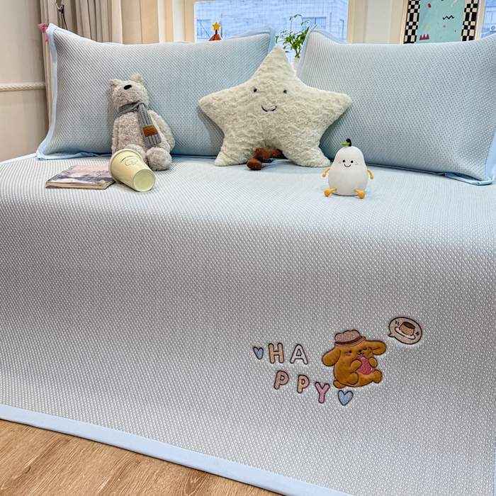 91家纺网 家纺一手货源 找家纺 耐思家纺 2026新款A类复合三明治PE凉感卡通刺绣Happy熊-凉席款 Happy熊-蓝色