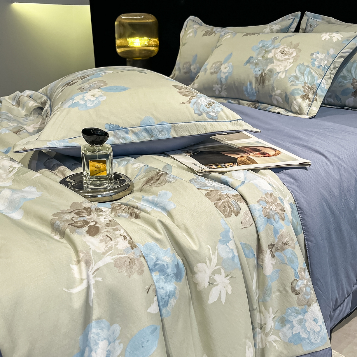 91家纺网 家纺一手货源 找家纺 金梦拉家纺 2026新款凉感天丝竹节纱大宽边一字绣夏被空调被夏凉被四件套 青棠绿