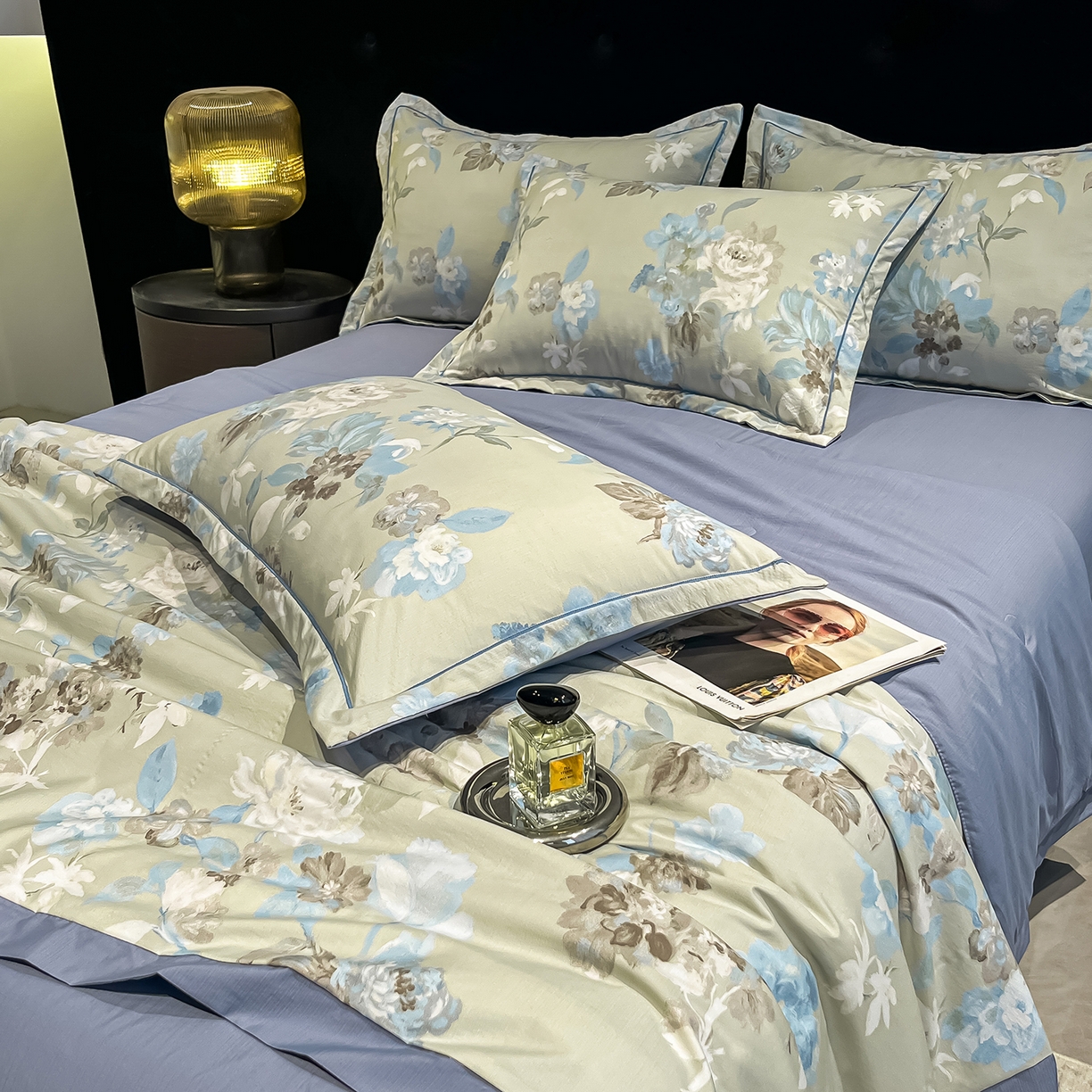 91家纺网 家纺一手货源 找家纺 金梦拉家纺 2026新款凉感天丝竹节纱大宽边一字绣夏被空调被夏凉被四件套 青棠绿