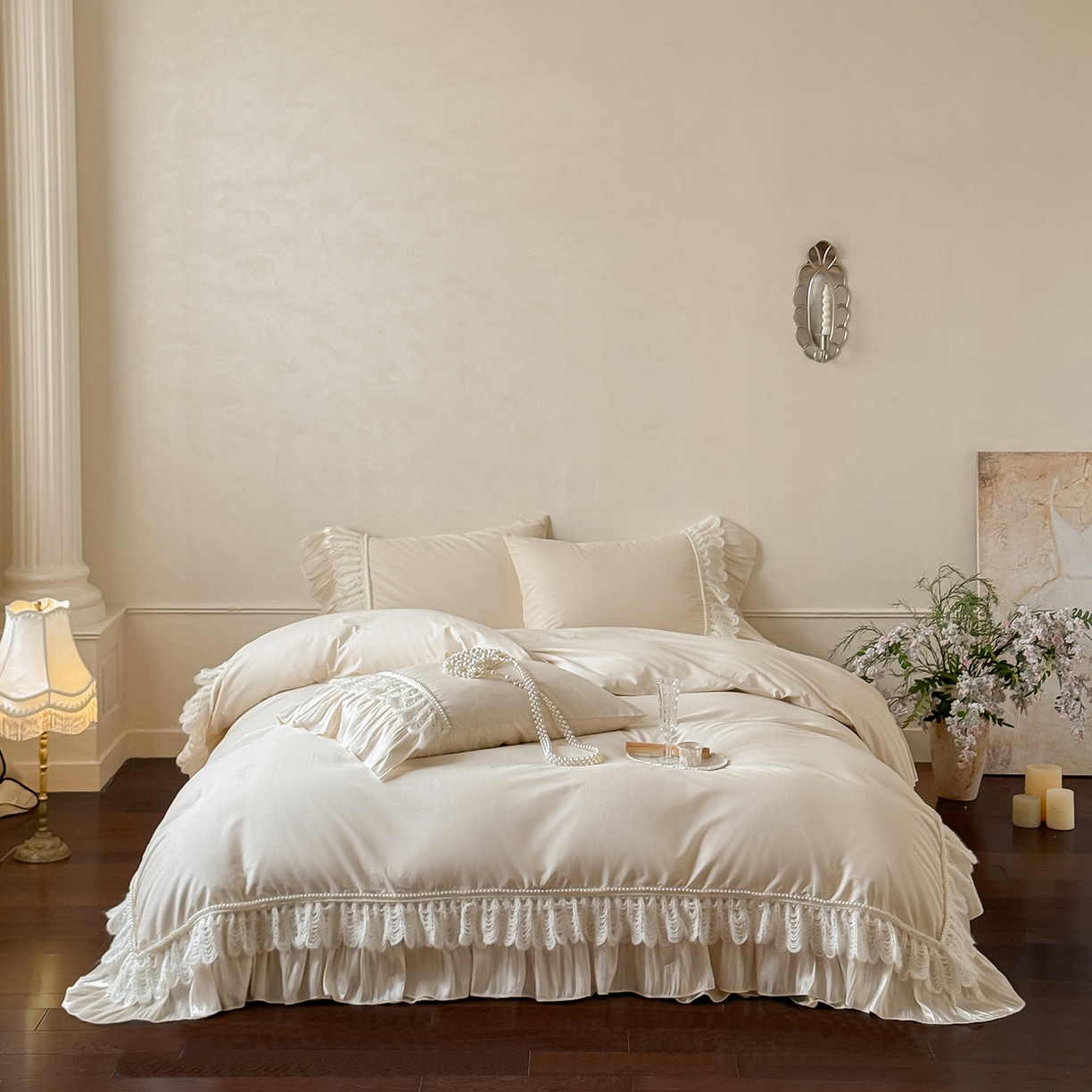 91家纺网 家纺一手货源 找家纺 惯盈家纺 2026新款法式公主风珍珠蕾丝斜纹全棉四件套-Lucy露西（含买家秀） 奶灰