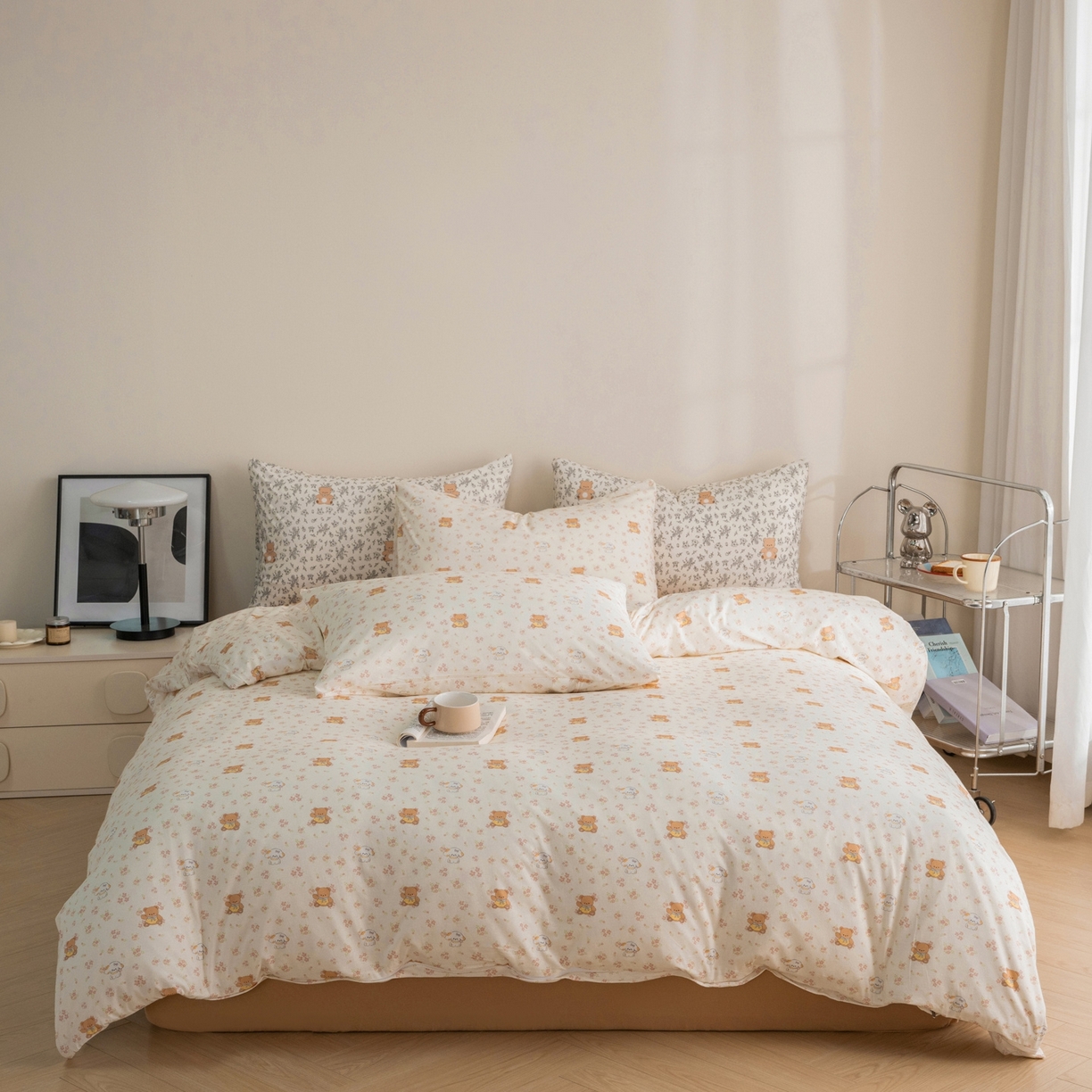 91家纺网 家纺一手货源 找家纺 梦可莱家居 2026春夏新款全棉纯棉针织棉印花小清新可爱Ins风四件套 比熊