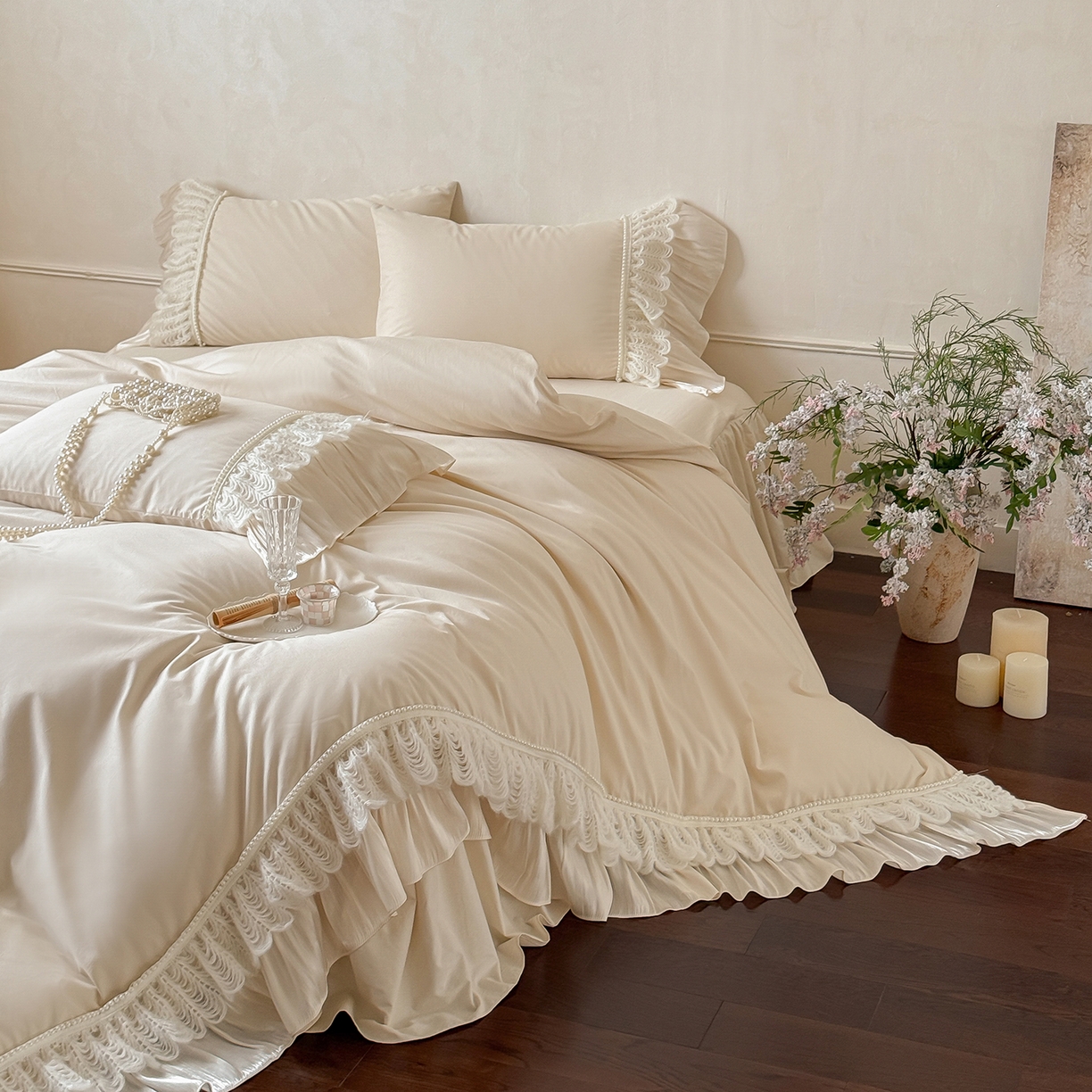 91家纺网 家纺一手货源 找家纺 惯盈家纺 2026新款法式公主风珍珠蕾丝斜纹全棉四件套-Lucy露西（含买家秀） 奶灰