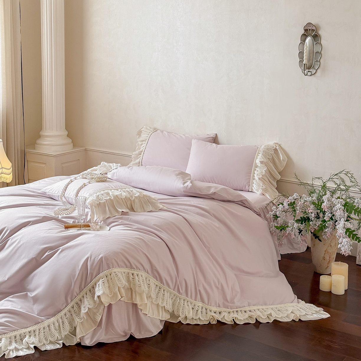 91家纺网 家纺一手货源 找家纺 惯盈家纺 2026新款法式公主风珍珠蕾丝斜纹全棉四件套-Lucy露西（含买家秀） 浅紫