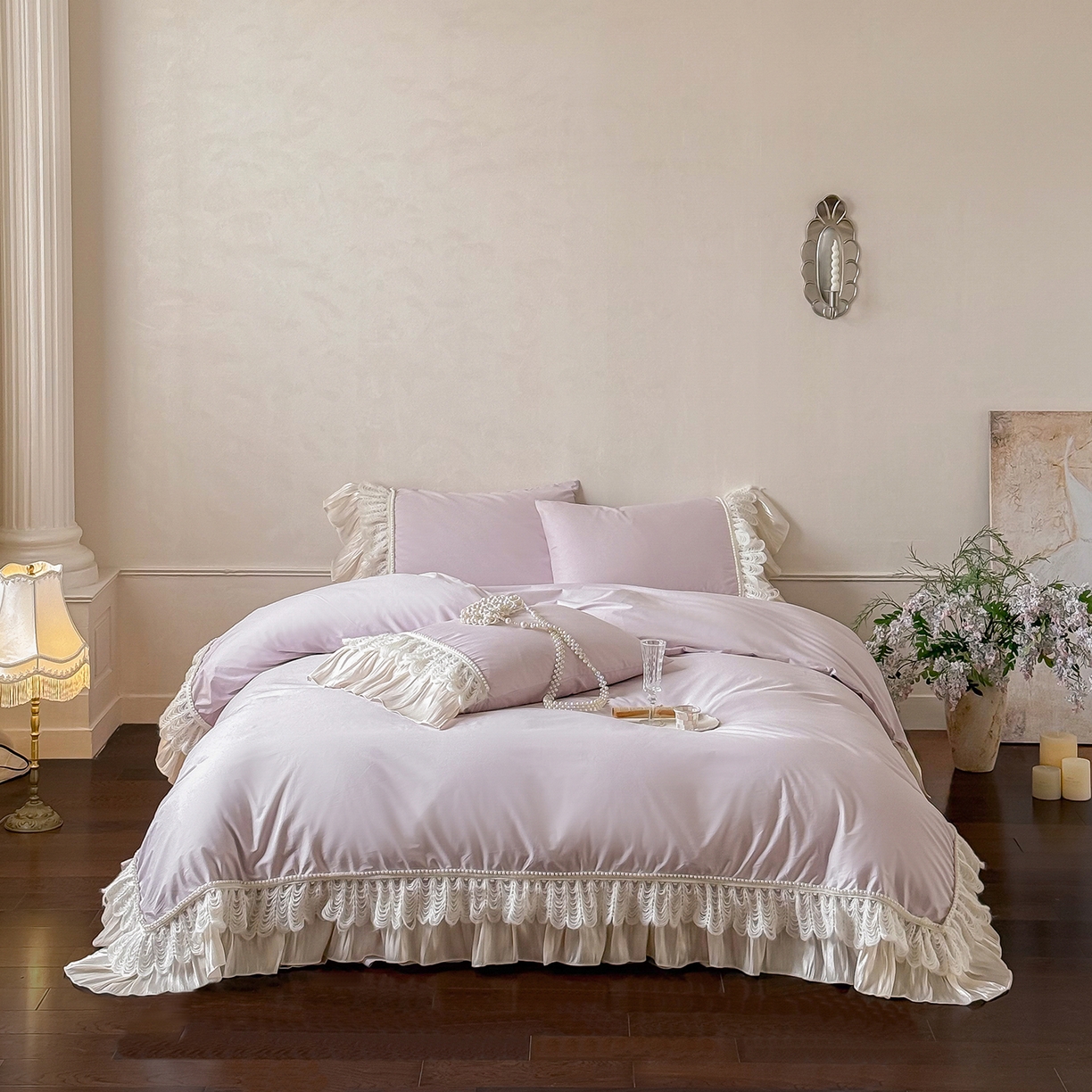 91家纺网 家纺一手货源 找家纺 惯盈家纺 2026新款法式公主风珍珠蕾丝斜纹全棉四件套-Lucy露西（含买家秀） 浅紫