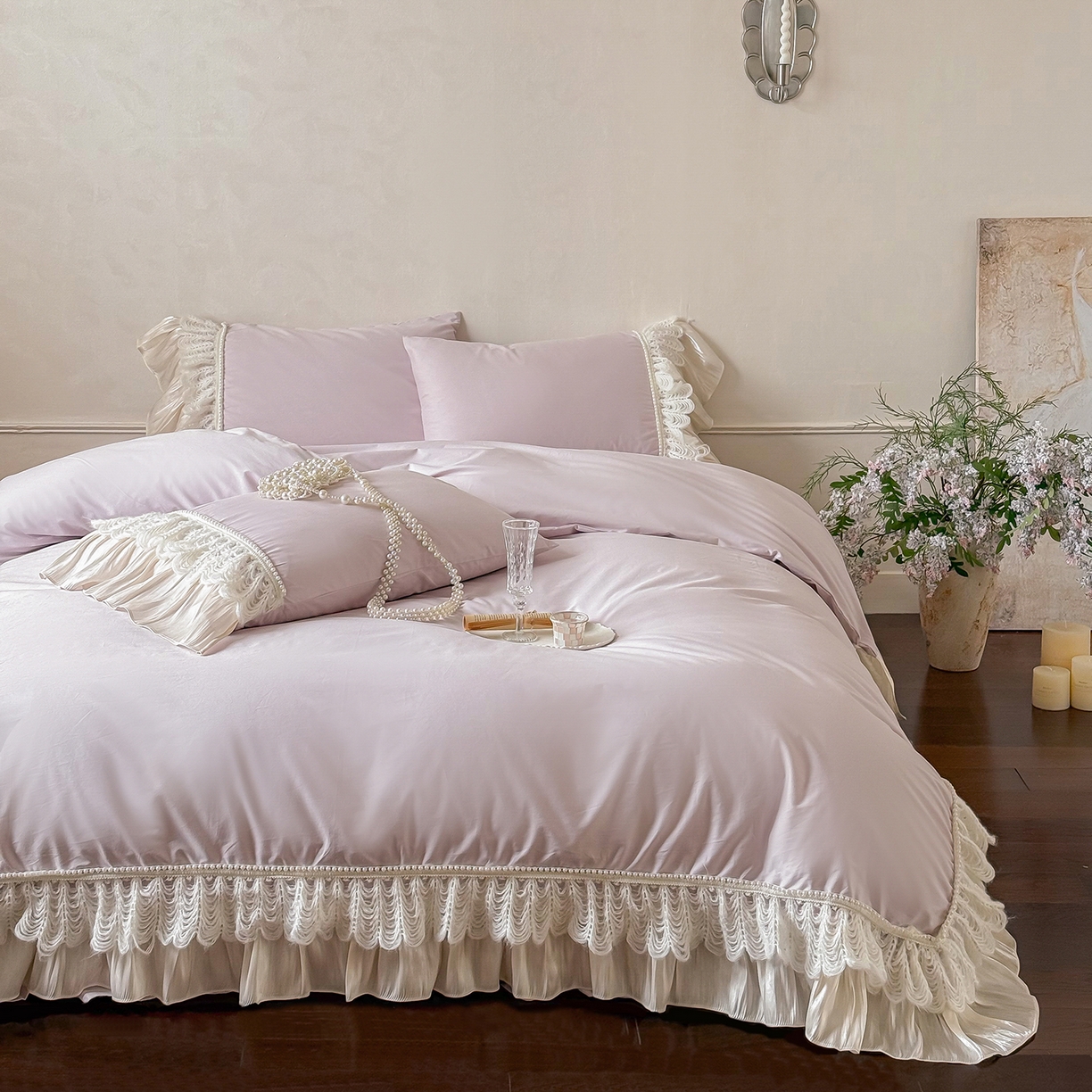 91家纺网 家纺一手货源 找家纺 惯盈家纺 2026新款法式公主风珍珠蕾丝斜纹全棉四件套-Lucy露西（含买家秀） 浅紫