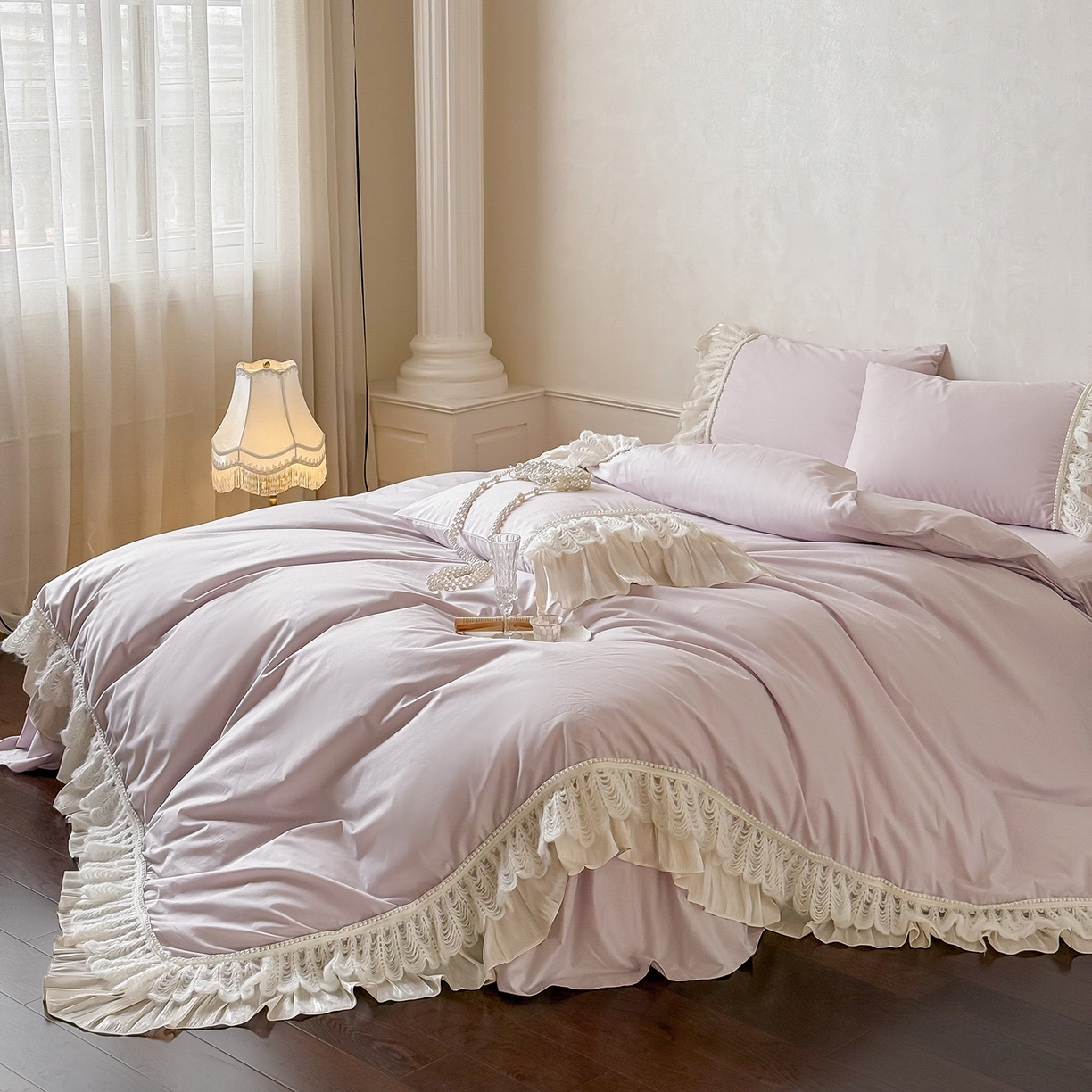 91家纺网 家纺一手货源 找家纺 惯盈家纺 2026新款法式公主风珍珠蕾丝斜纹全棉四件套-Lucy露西（含买家秀） 浅紫