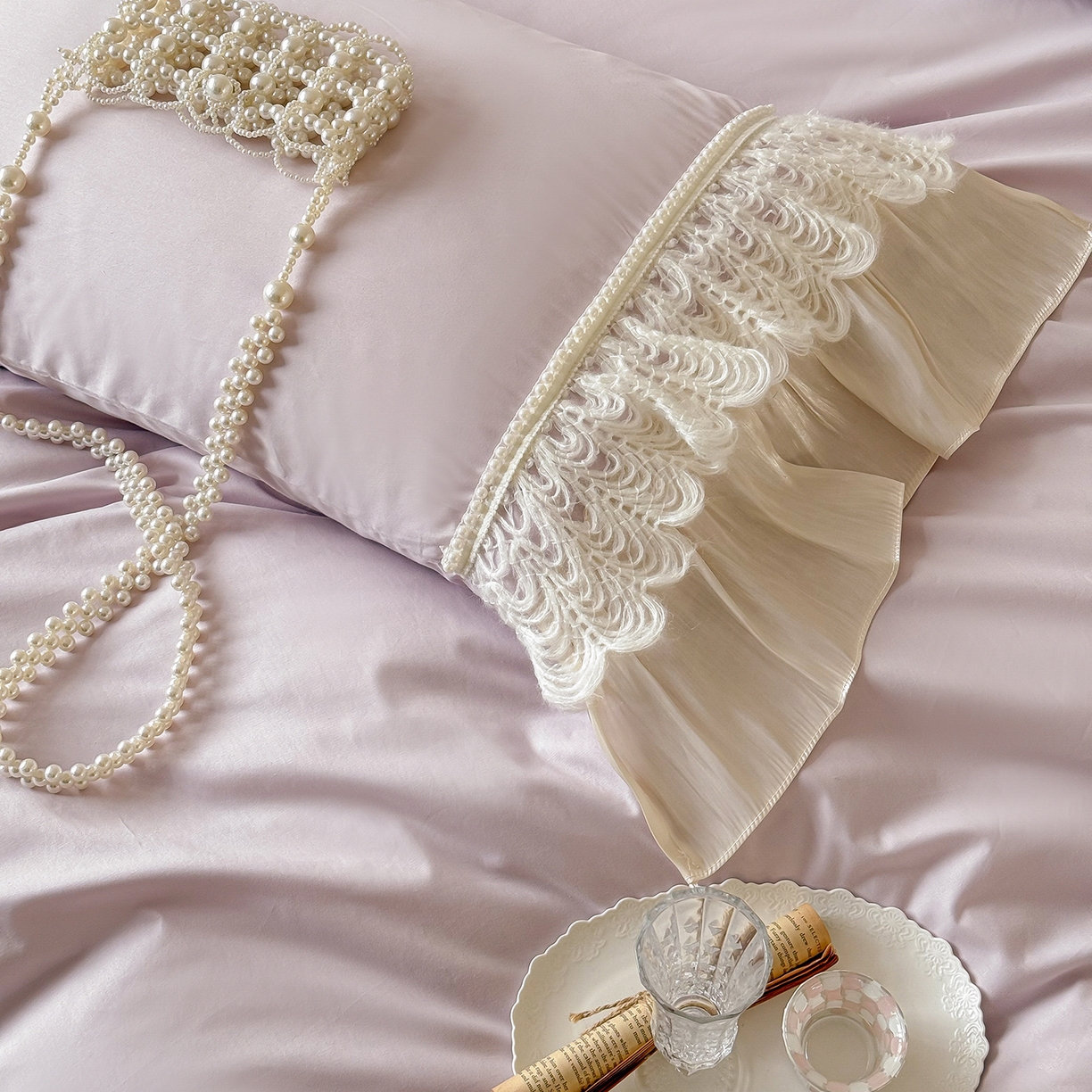 91家纺网 家纺一手货源 找家纺 惯盈家纺 2026新款法式公主风珍珠蕾丝斜纹全棉四件套-Lucy露西（含买家秀） 浅紫