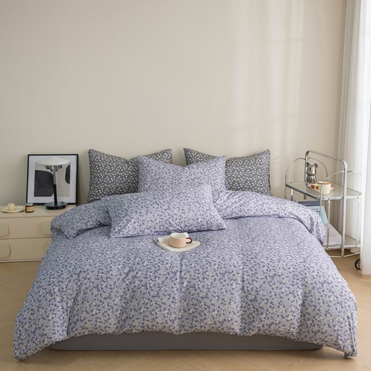 91家纺网 家纺一手货源 找家纺 梦可莱家居 2026春夏新款全棉纯棉针织棉印花小清新可爱Ins风四件套 丁香花