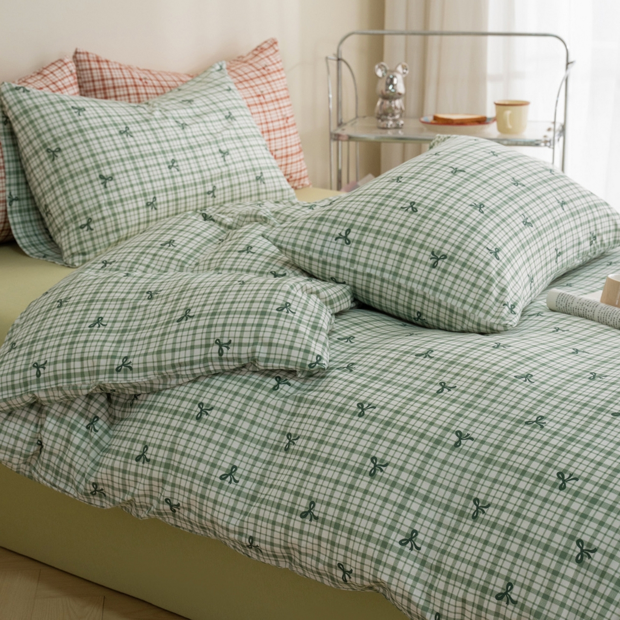 梦可莱家居 2026春夏新款全棉纯棉针织棉印花小清新可爱Ins风四件套 格子蝴蝶