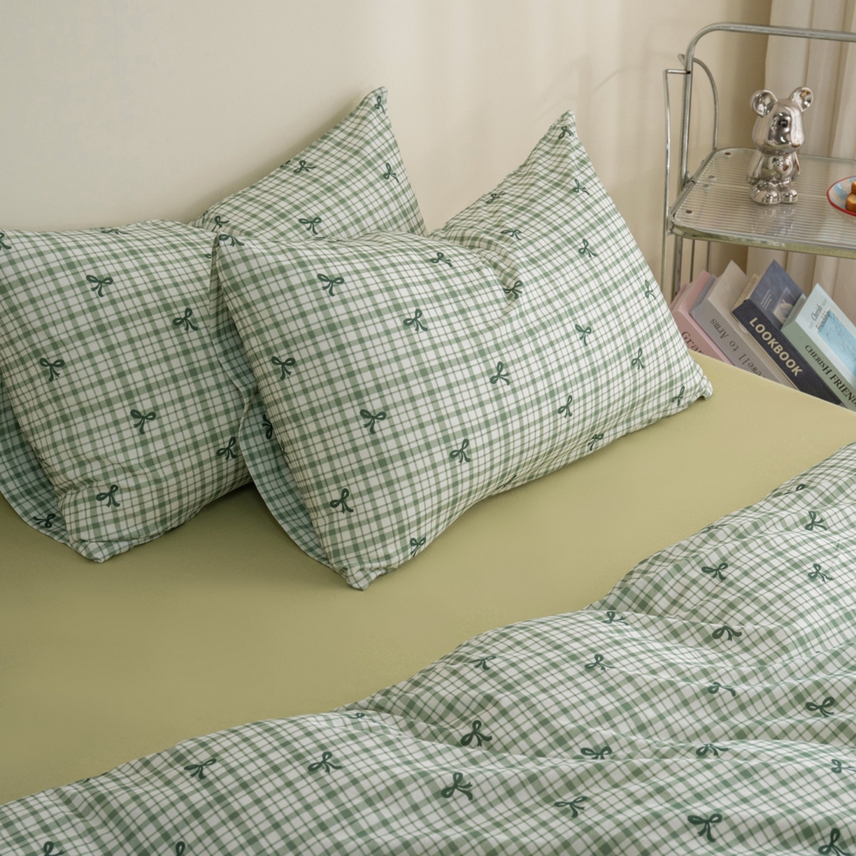 91家纺网 家纺一手货源 找家纺 梦可莱家居 2026春夏新款全棉纯棉针织棉印花小清新可爱Ins风四件套 格子蝴蝶