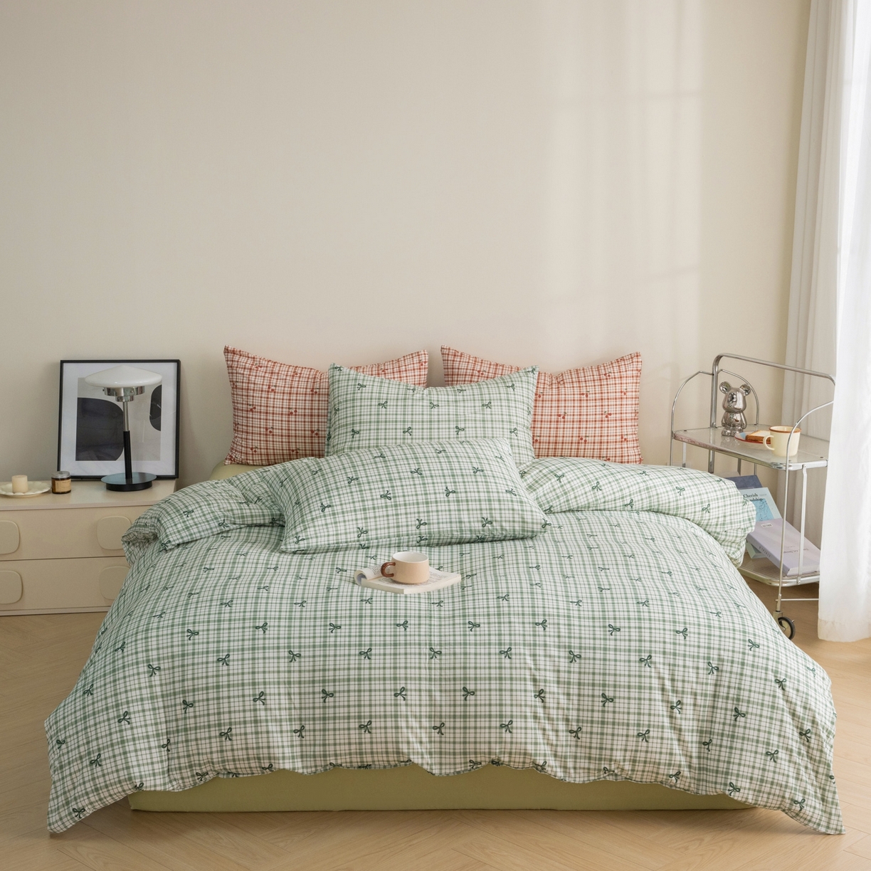 91家纺网 家纺一手货源 找家纺 梦可莱家居 2026春夏新款全棉纯棉针织棉印花小清新可爱Ins风四件套 格子蝴蝶