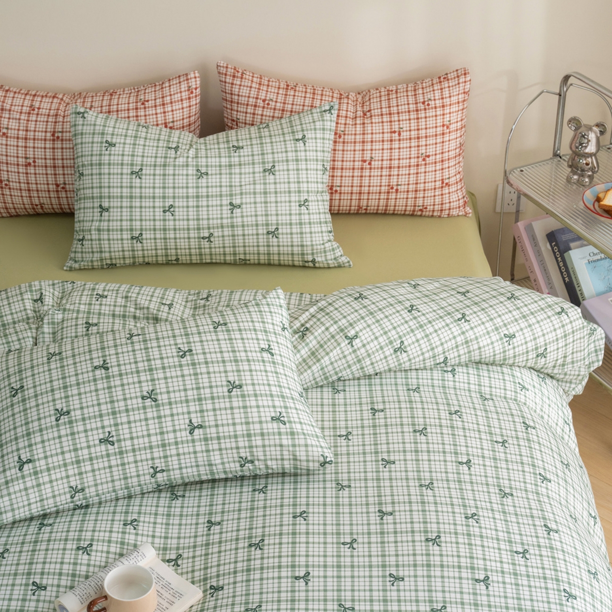 91家纺网 家纺一手货源 找家纺 梦可莱家居 2026春夏新款全棉纯棉针织棉印花小清新可爱Ins风四件套 格子蝴蝶