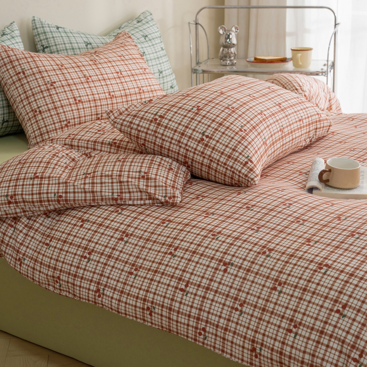 梦可莱家居 2026春夏新款全棉纯棉针织棉印花小清新可爱Ins风四件套 格子樱桃