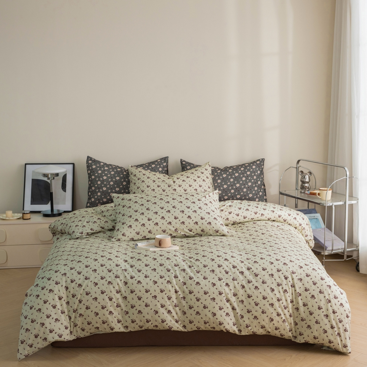 91家纺网 家纺一手货源 找家纺 梦可莱家居 2026春夏新款全棉纯棉针织棉印花小清新可爱Ins风四件套 红玫瑰