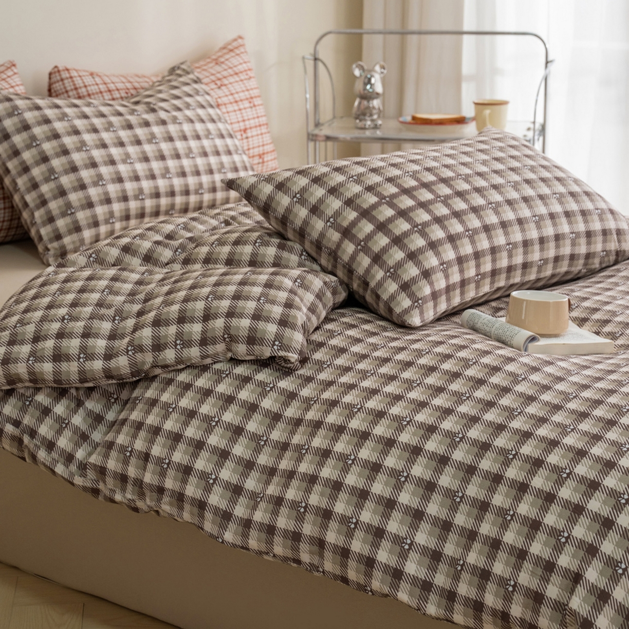 梦可莱家居 2026春夏新款全棉纯棉针织棉印花小清新可爱Ins风四件套 咖格