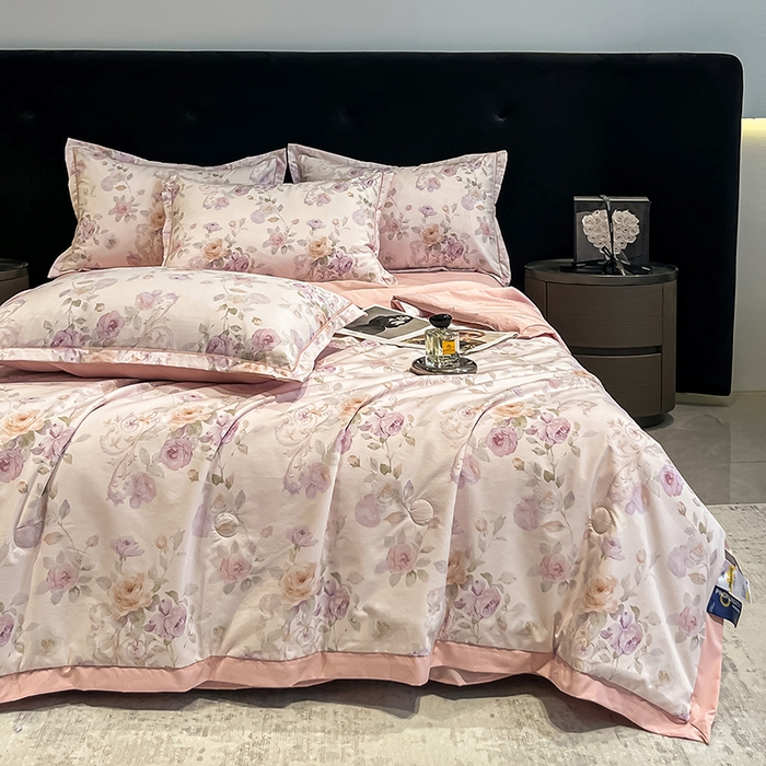 91家纺网 家纺一手货源 找家纺 （总）金梦拉家纺 2026新款凉感天丝竹节纱大宽边一字绣夏被空调被夏凉被四件套