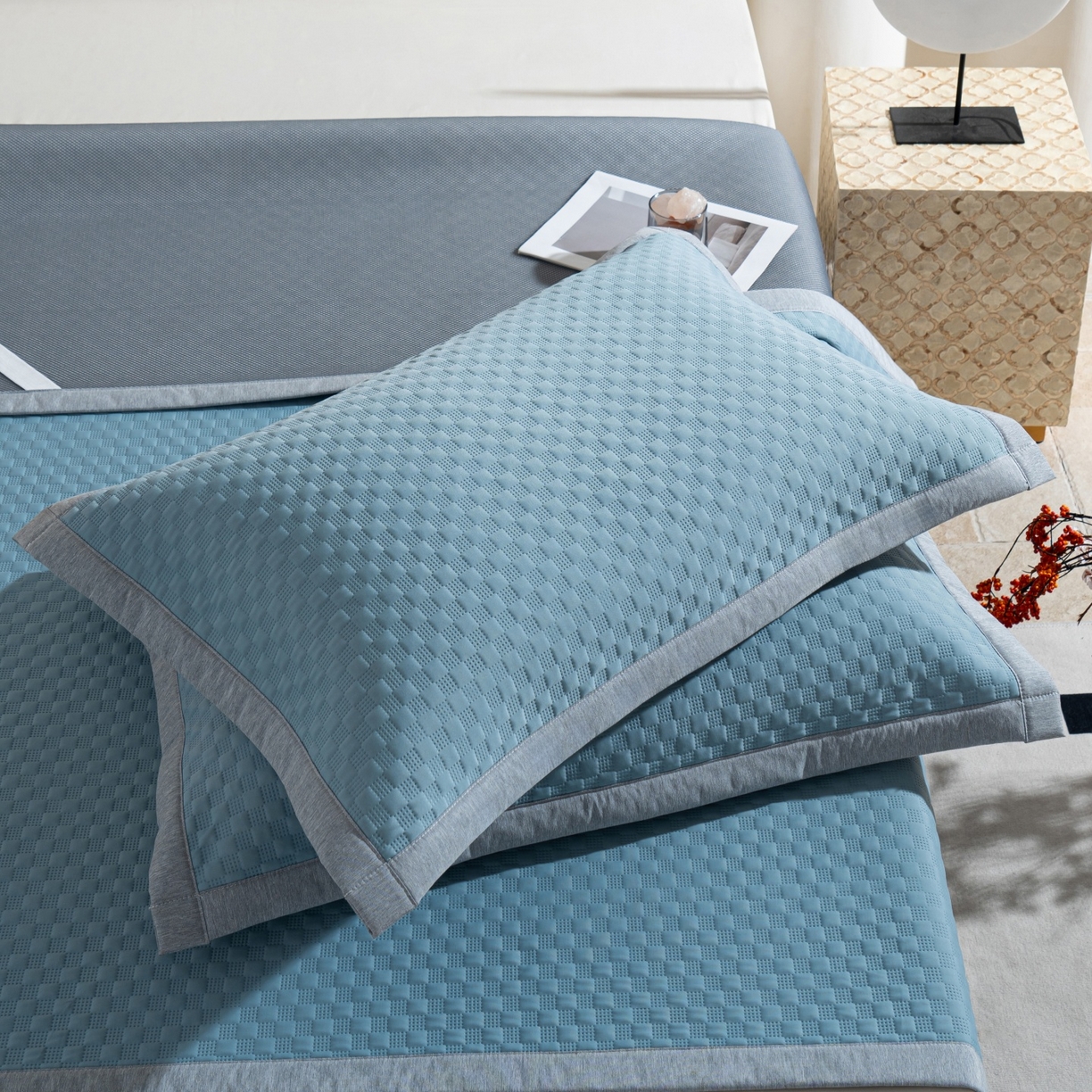 91家纺网 家纺一手货源 找家纺 凌云家纺 2026新款锦纶冰丝凉席枕套 锦纶冰格枕套-雅蓝