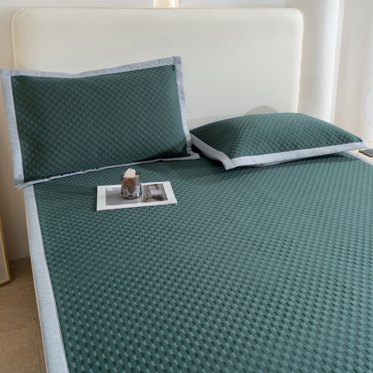 91家纺网 家纺一手货源 找家纺 凌云家纺 2026新款锦纶冰丝凉席枕套 锦纶冰格枕套-墨绿