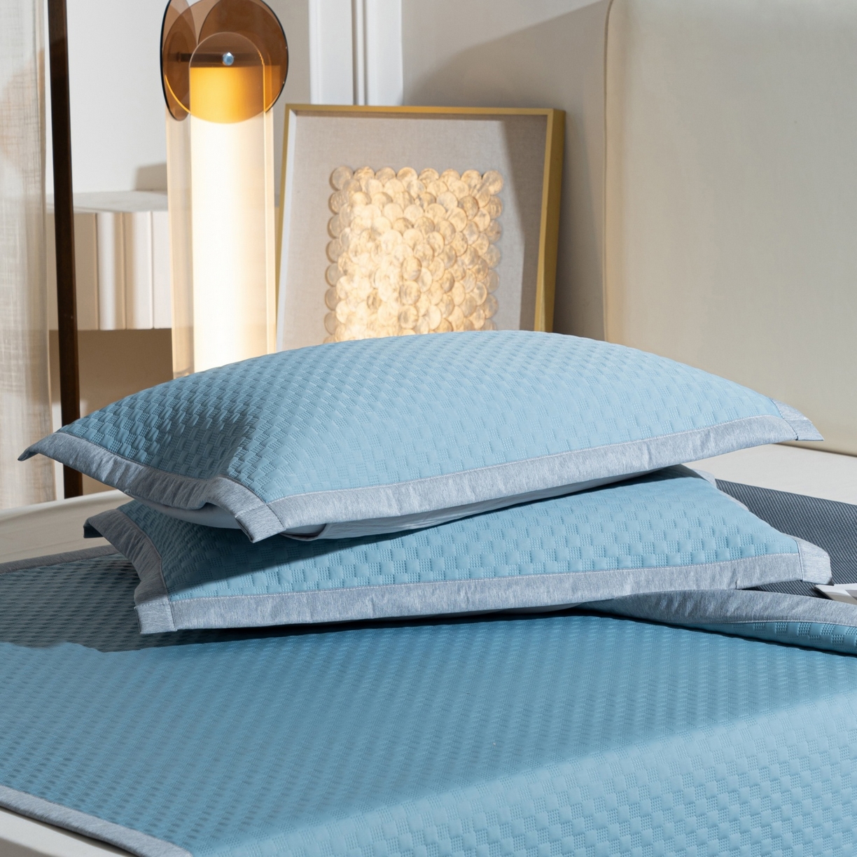 91家纺网 家纺一手货源 找家纺 凌云家纺 2026新款锦纶冰丝凉席枕套 锦纶冰格枕套-雅蓝