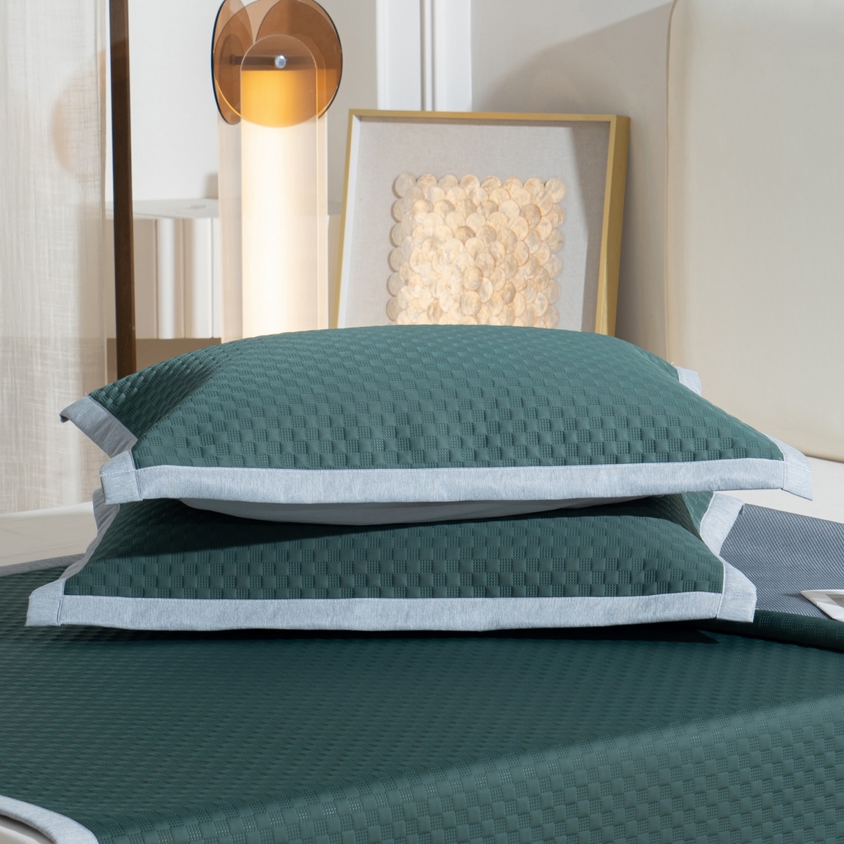 91家纺网 家纺一手货源 找家纺 凌云家纺 2026新款锦纶冰丝凉席枕套 锦纶冰格枕套-墨绿