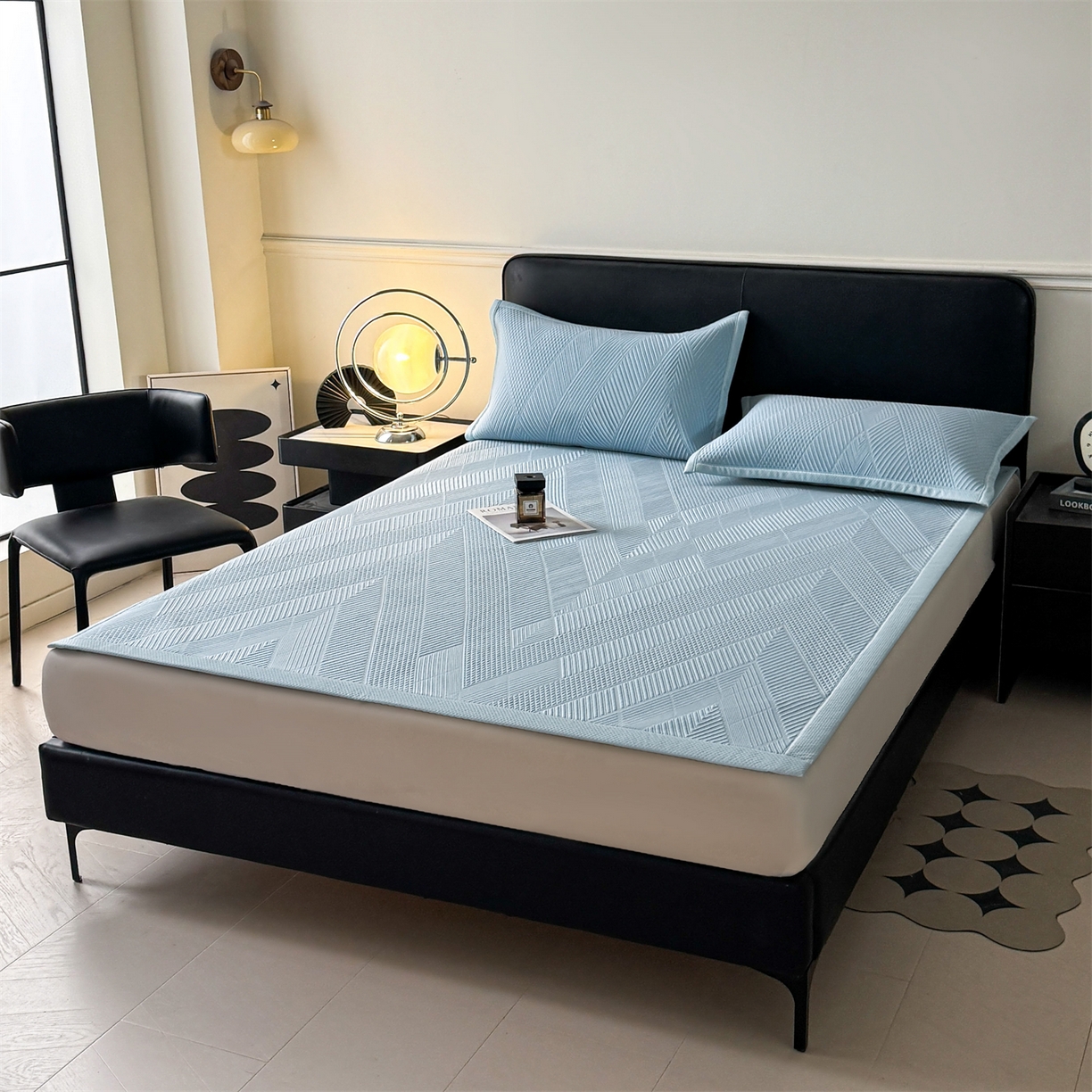 91家纺网 家纺一手货源 找家纺 （总）耐思家纺 2026新品A类高克重高端复合三明治PE乙纶提花冰豆豆凉席床笠都市棱境系列（提供买家秀）