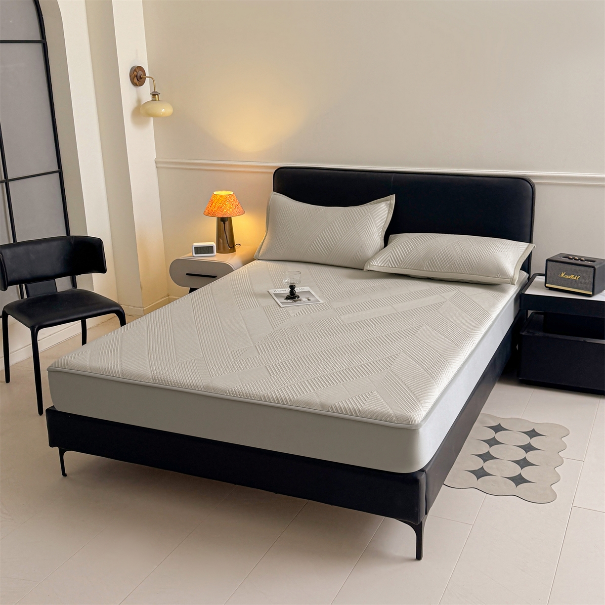 91家纺网 家纺一手货源 找家纺 耐思家纺 2026新品A类高克重高端复合三明治PE乙纶提花冰豆豆凉席床笠都市棱境系列（提供买家秀） 都市棱境-卡其床笠款