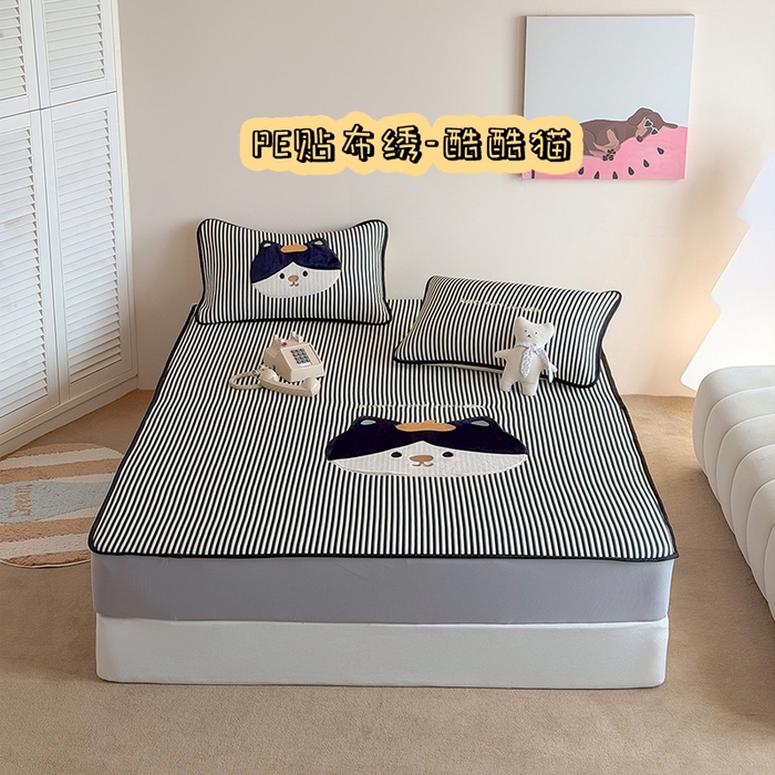 桃子家居 2026新款A类PE凉感卡通贴布绣高端工艺空调软席床席床笠凉席三件套 PE贴布绣-酷酷猫
