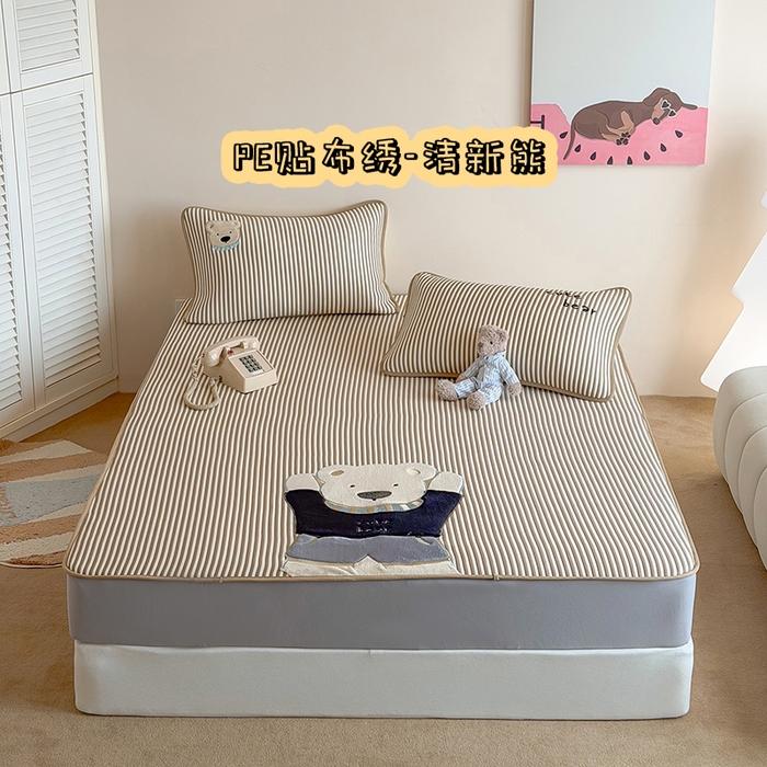 桃子家居 2026新款A类PE凉感卡通贴布绣高端工艺空调软席床席床笠凉席三件套 PE贴布绣-清新熊