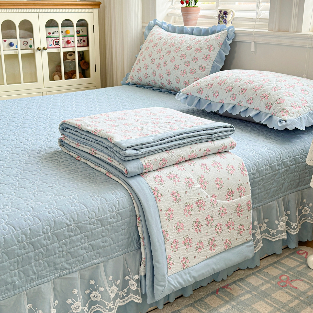 91家纺网 家纺一手货源 找家纺 雅眠居 2026直播爆款双层蕾丝花边夏被款床盖款四件套 AB版-半夏