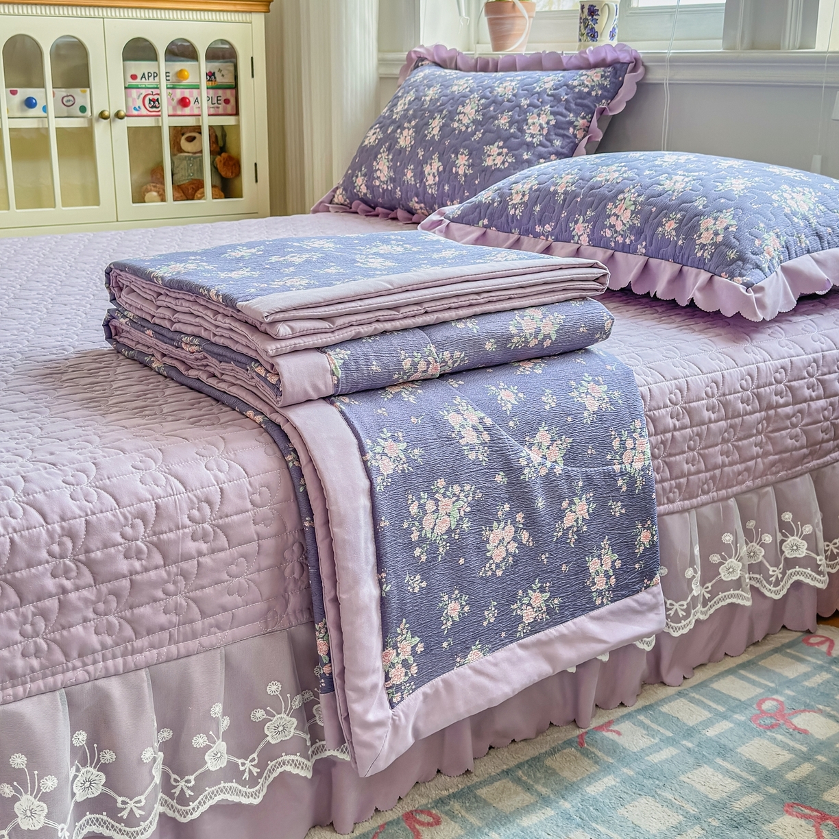 91家纺网 家纺一手货源 找家纺 雅眠居 2026直播爆款双层蕾丝花边夏被款床盖款四件套 AB版-豆蔻