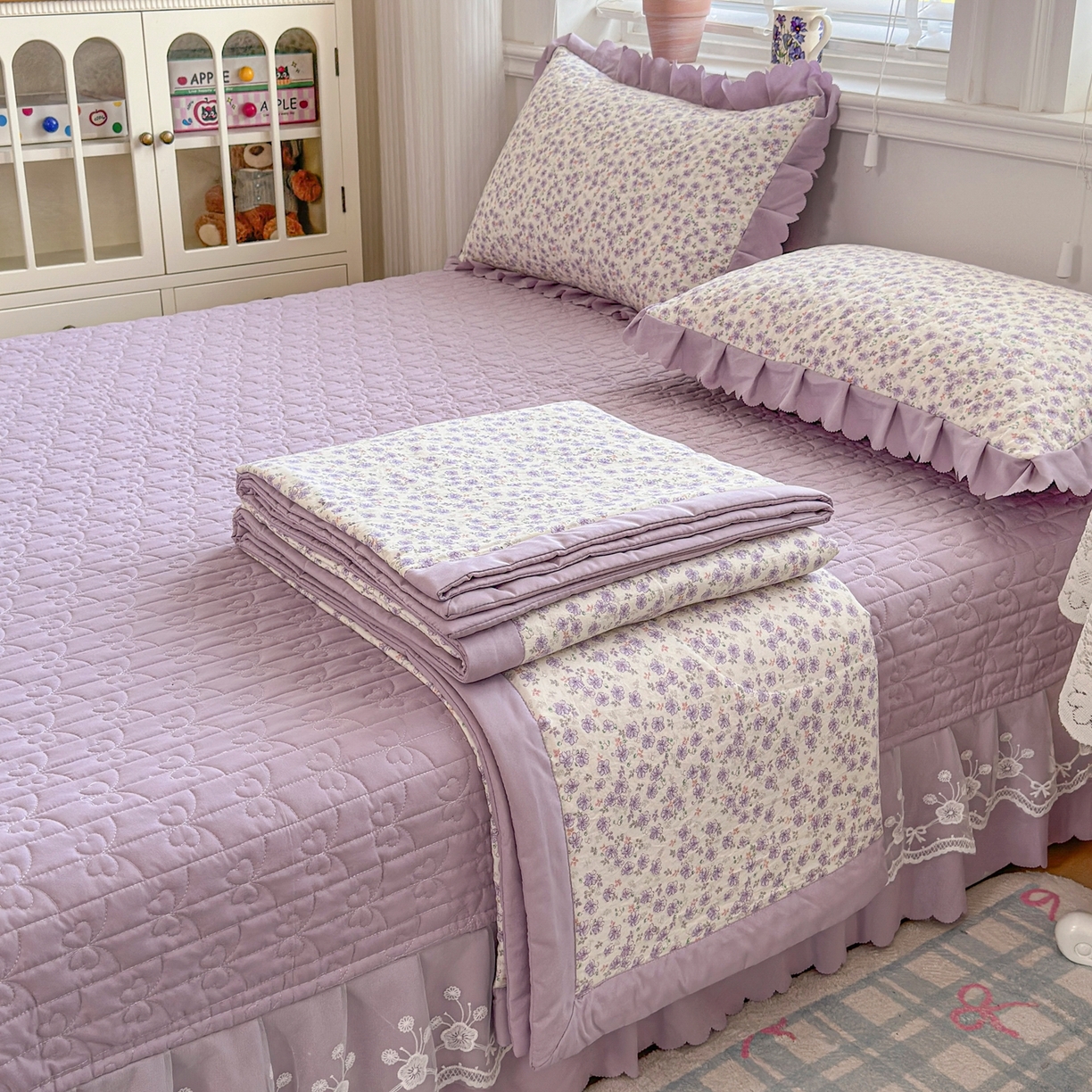 91家纺网 家纺一手货源 找家纺 雅眠居 2026直播爆款双层蕾丝花边夏被款床盖款四件套 AB版-紫萱