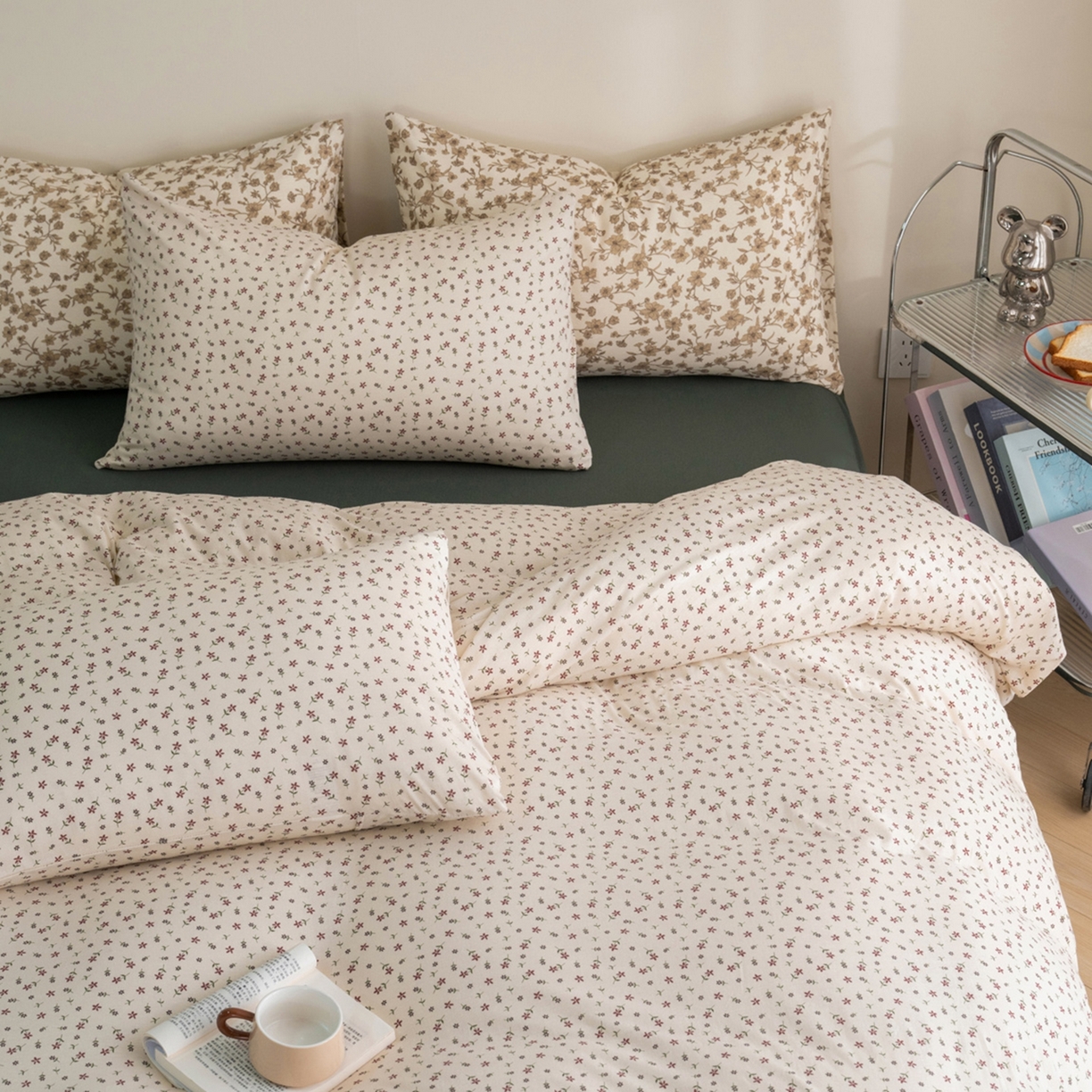 91家纺网 家纺一手货源 找家纺 梦可莱家居 2026春夏新款全棉纯棉针织棉印花小清新可爱Ins风四件套 绿意