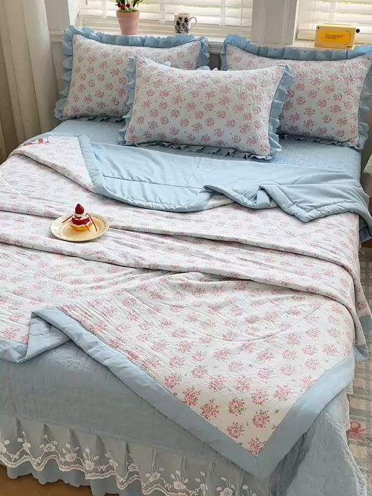 91家纺网 家纺一手货源 找家纺 雅眠居 2026直播爆款双层蕾丝花边夏被款床盖款四件套 半夏