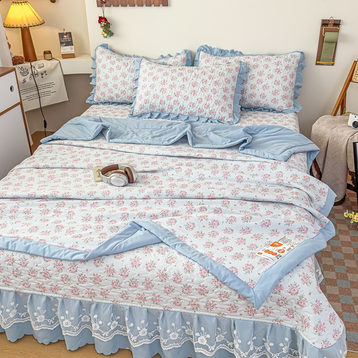 91家纺网 家纺一手货源 找家纺 雅眠居 2026直播爆款双层蕾丝花边夏被款床盖款四件套 半夏