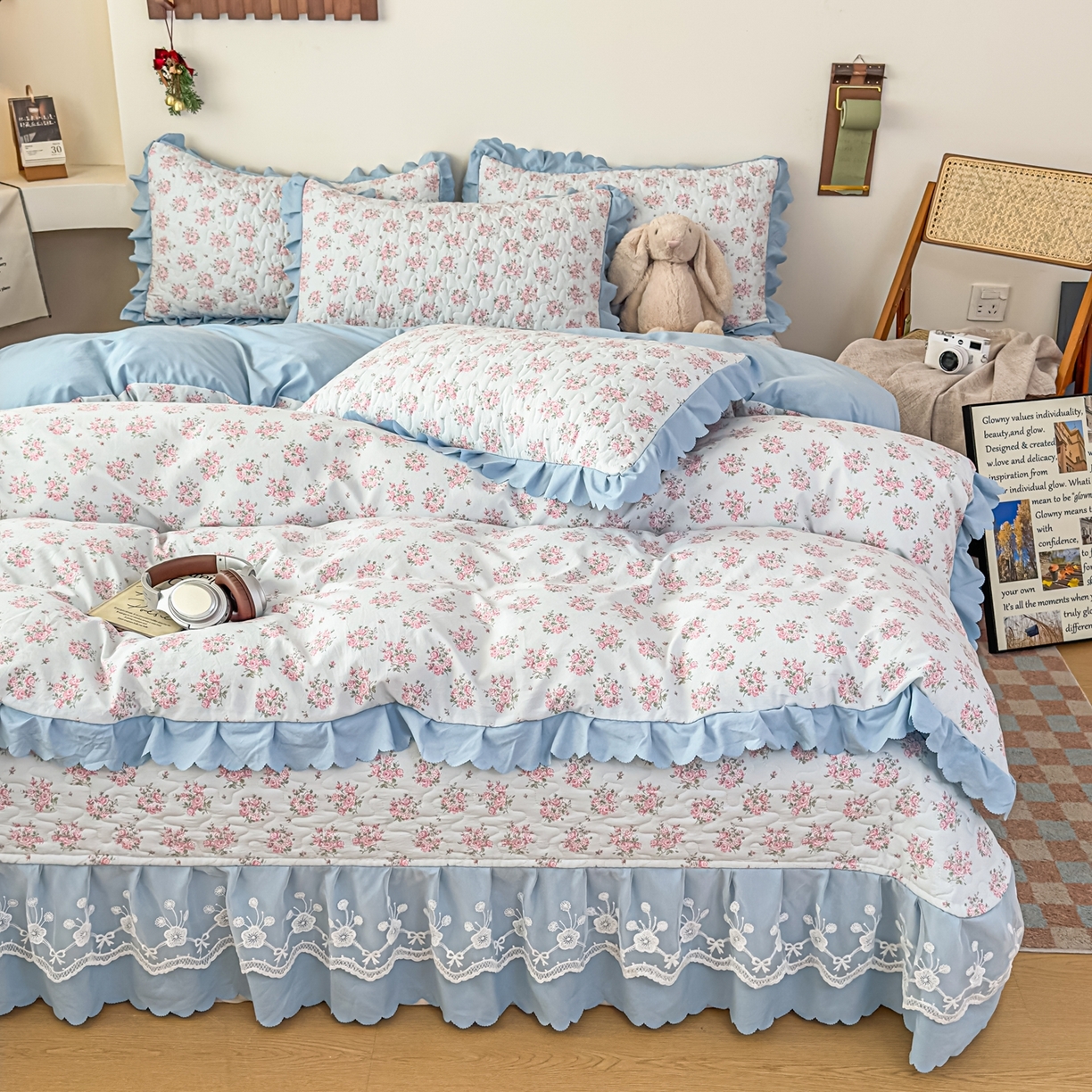 91家纺网 家纺一手货源 找家纺 雅眠居 2026直播爆款双层蕾丝花边夏被款床盖款四件套 半夏