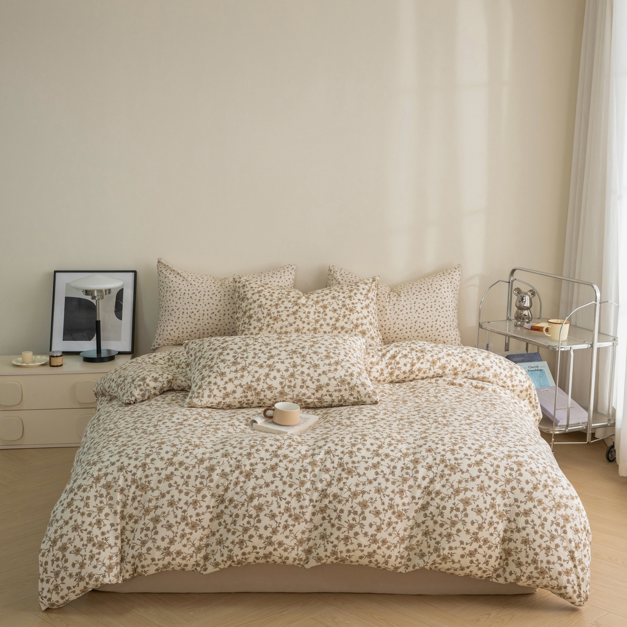 91家纺网 家纺一手货源 找家纺 梦可莱家居 2026春夏新款全棉纯棉针织棉印花小清新可爱Ins风四件套 秋天咖